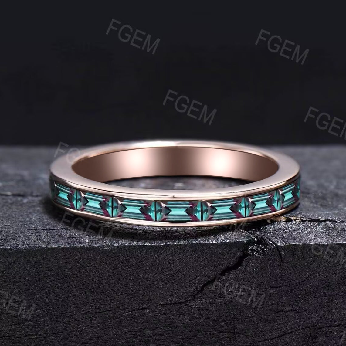 4mm/5mm/6mm Mens Baguette Alexandrite Wedding Ring 14K Rose Gold Color-Change Alexandrite Brushed Band Pave Set Half Eternity Band Men