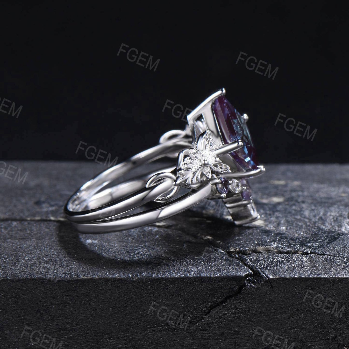 Butterfly Alexandrite Engagement Ring Set 7mm Princess Cut June Birthstone Bridal Ring Set 14k Gold Infinity Love Wedding Ring