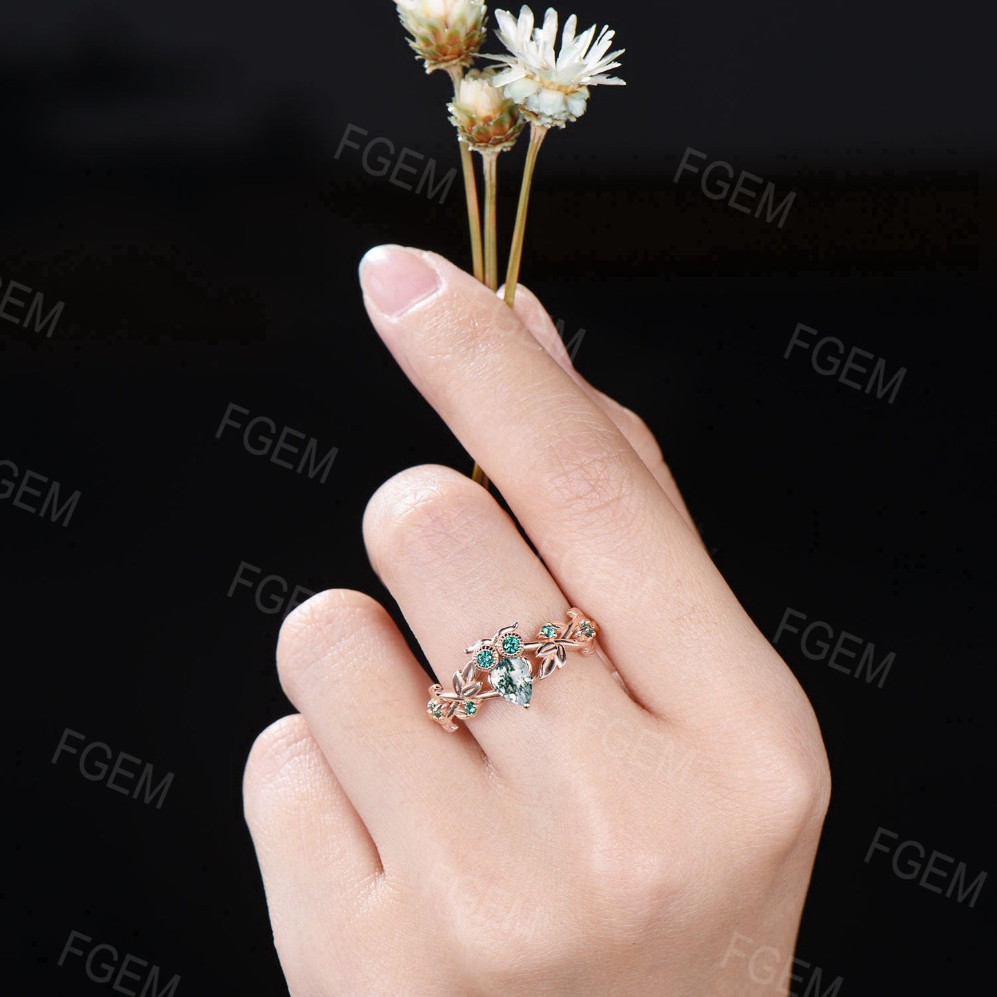 Owl Teardrop Moss Agate Engagement Ring Branch Leaf Vine Aquatic Agate Emerald Wedding Ring Nature Style Owl Lover Ring Green Gemstone Ring