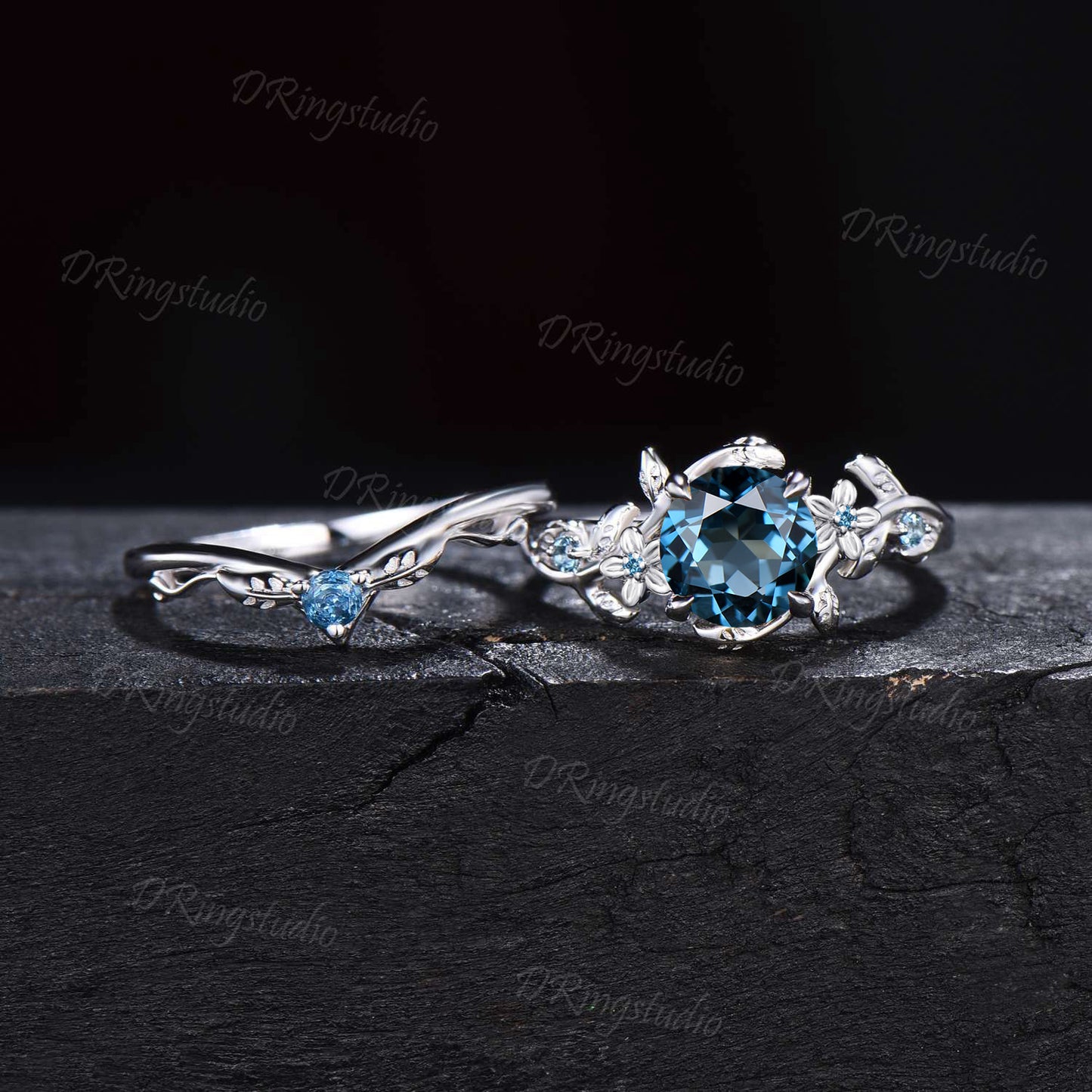 1ct Round Cut Nature Inspired Flower London Blue Topaz Wedding Ring Sterling Silver Topaz Bridal Ring Unique Anniversary/Promise Ring Gifts