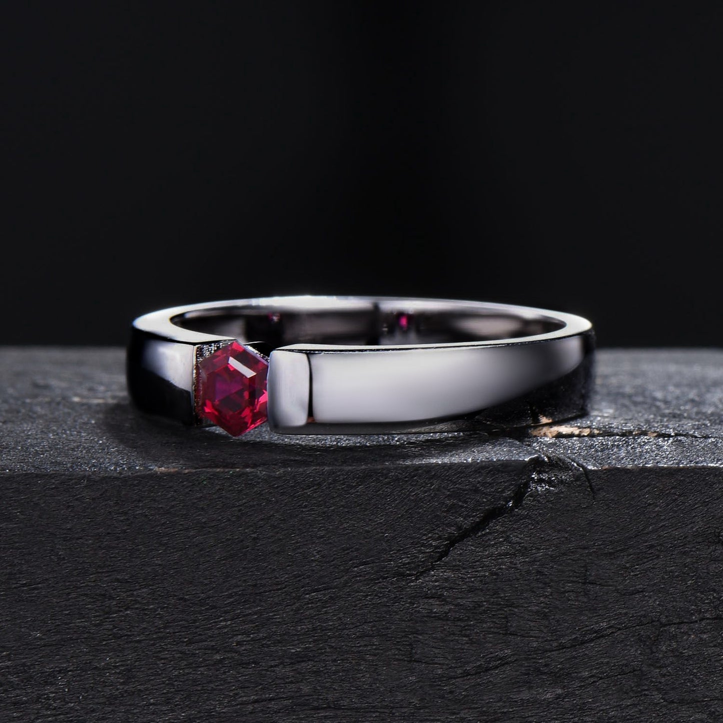 4mm Mens Ruby Wedding Band 14K Black Gold Hexagon Cut Ruby Engagement Ring Pinky Ring July Birthstone Jewelry Tension Set Ring Promise Gift