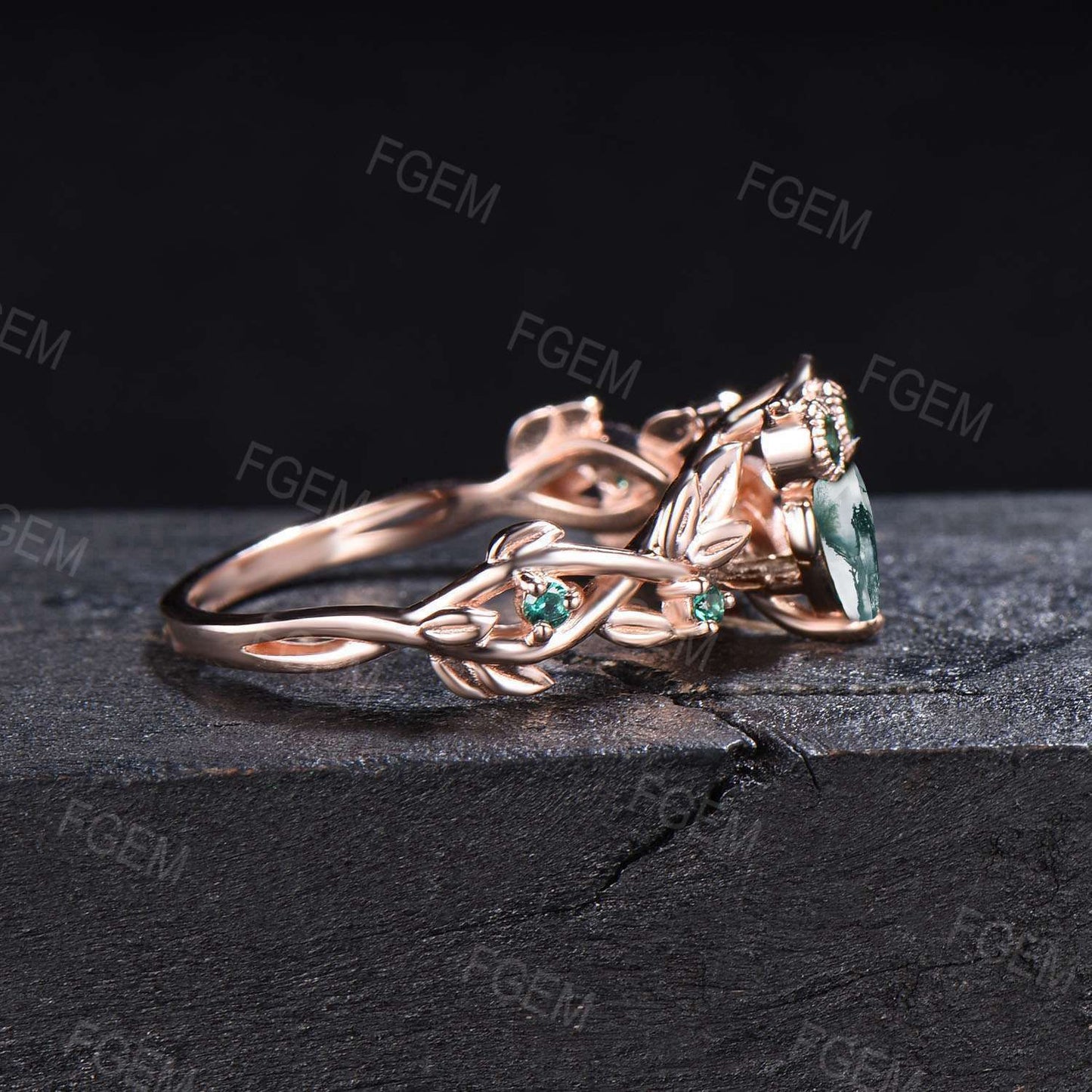 Owl Teardrop Moss Agate Engagement Ring Branch Leaf Vine Aquatic Agate Emerald Wedding Ring Nature Style Owl Lover Ring Green Gemstone Ring