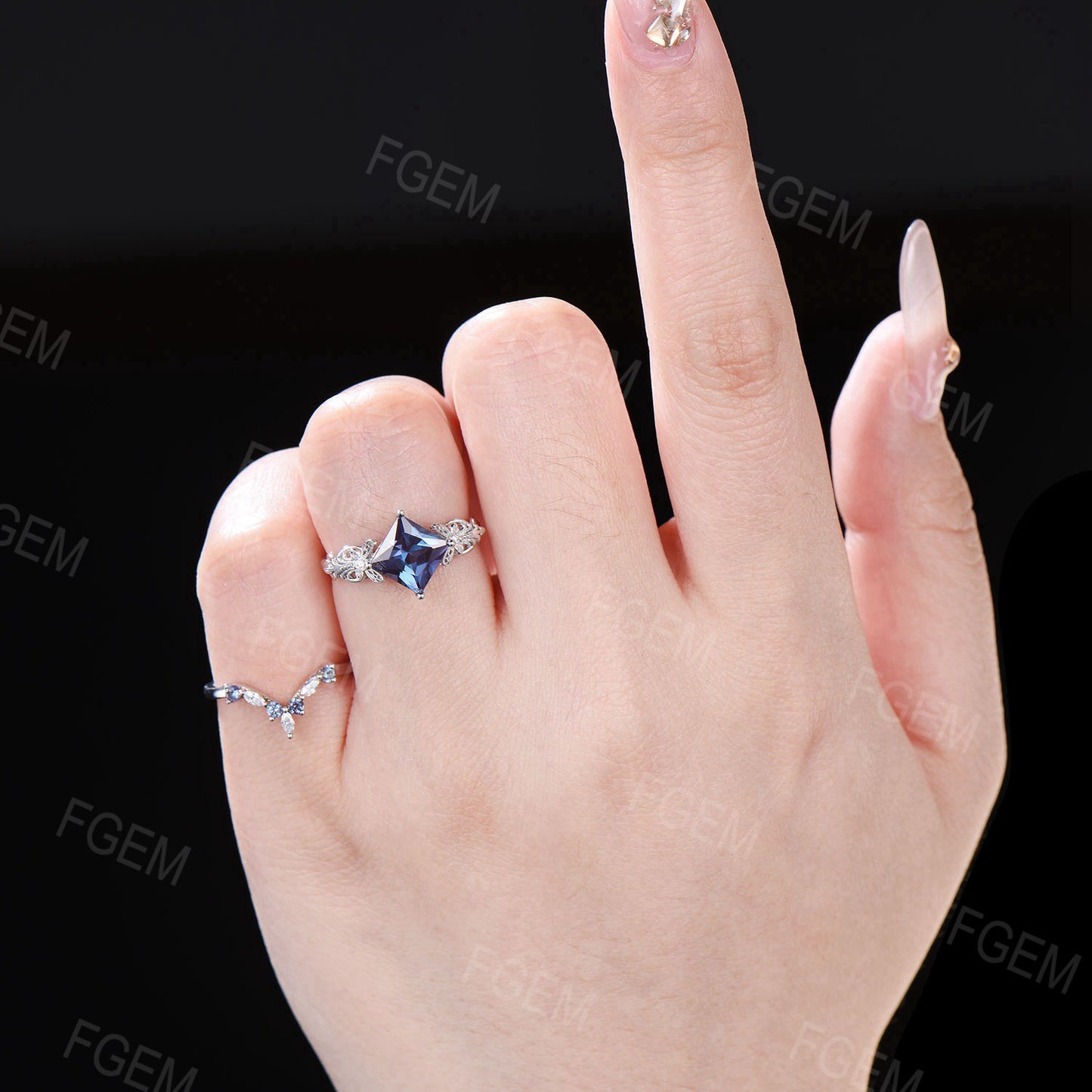 Butterfly Alexandrite Engagement Ring Set 7mm Princess Cut June Birthstone Bridal Ring Set 14k Gold Infinity Love Wedding Ring
