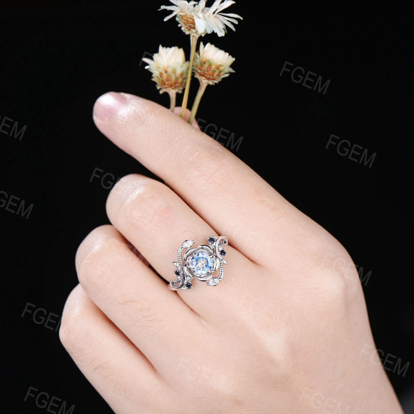 Floral Natural Moonstone Engagement Ring Double Snake Moissanite Diamond Promise Ring Twig Leaf Rainbow Moonstone Wedding Ring Serpent Ring
