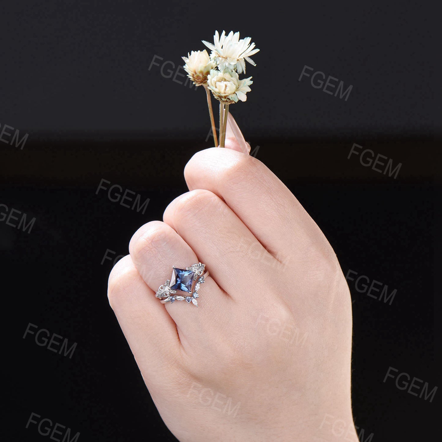 Butterfly Alexandrite Engagement Ring Set 7mm Princess Cut June Birthstone Bridal Ring Set 14k Gold Infinity Love Wedding Ring