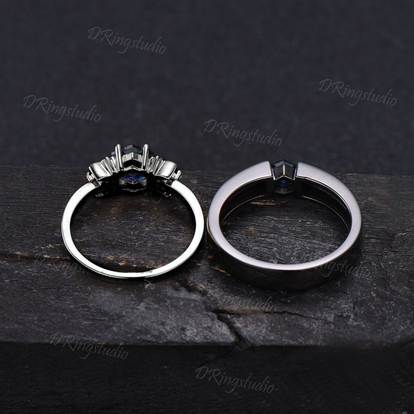 Alexandrite Couple Rings Set 5mm Princess Alexandrite Black Wedding Band Moon Star Round Alexandrite Ring Black Gold Engagement Couple Ring