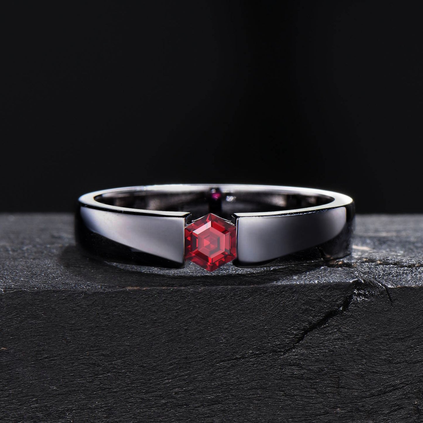 4mm Mens Ruby Wedding Band 14K Black Gold Hexagon Cut Ruby Engagement Ring Pinky Ring July Birthstone Jewelry Tension Set Ring Promise Gift