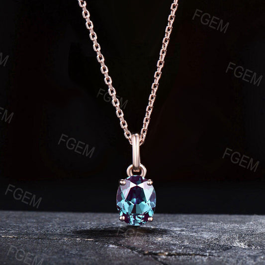 Oval Cut Color-Change Alexandrite Necklace Silver/Solid 14k/18k Rose Gold Vintage Personalized Wedding Pendant Women Anniversary Bridal Gift