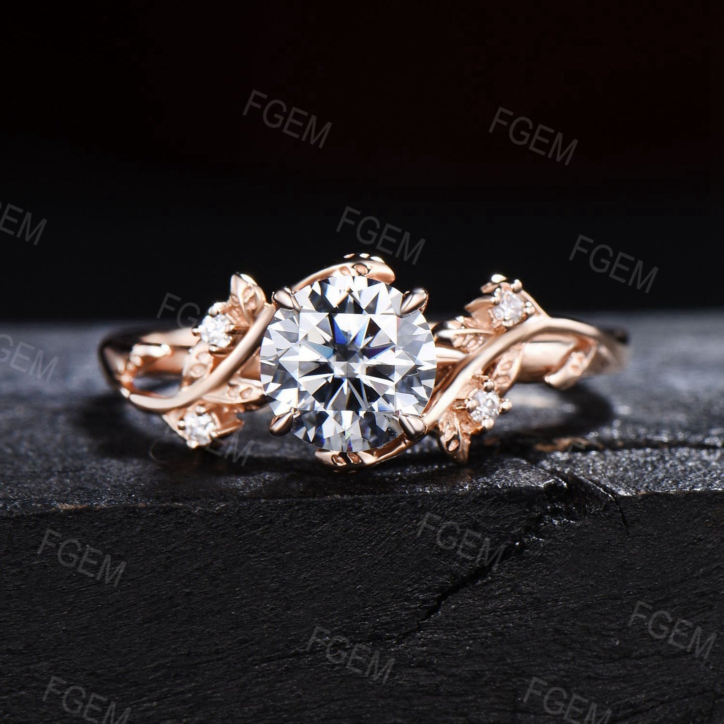 14k Solid Gold Engagement Ring Nature Inspired Grey Moissanite Ring 1ct Round Moissanite Bridal Set Twig Leaf Ring Set Proposal Women Gift