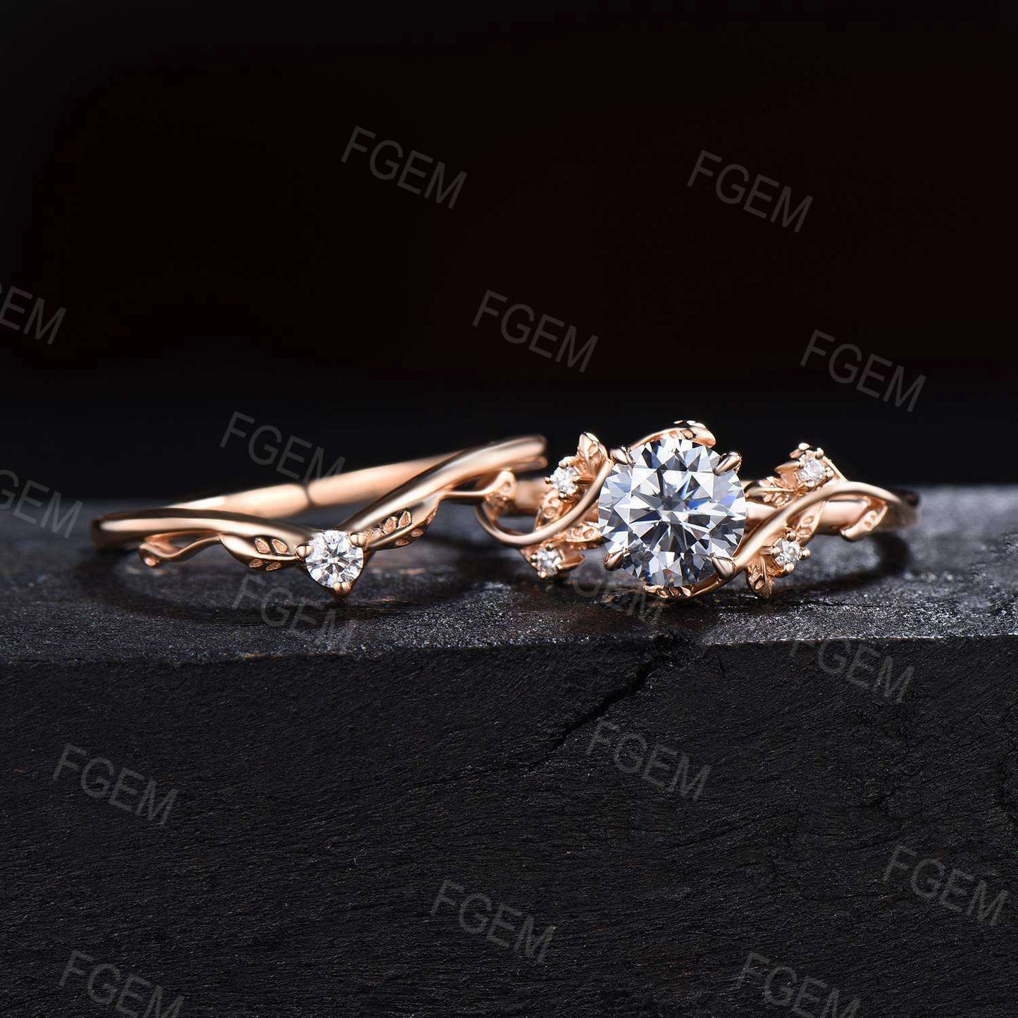 14k Solid Gold Engagement Ring Nature Inspired Grey Moissanite Ring 1ct Round Moissanite Bridal Set Twig Leaf Ring Set Proposal Women Gift