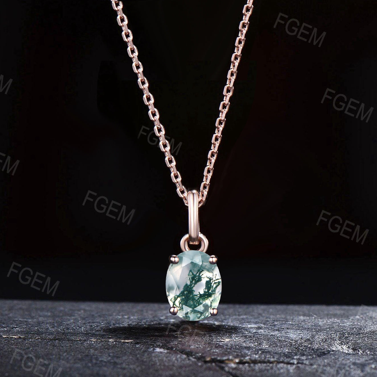 Oval Natural Moss Agate Necklace Solid 14k/18k Rose Gold Vintage Unique Personalized Wedding Pendant For Women Her Anniversary Bridal Gifts