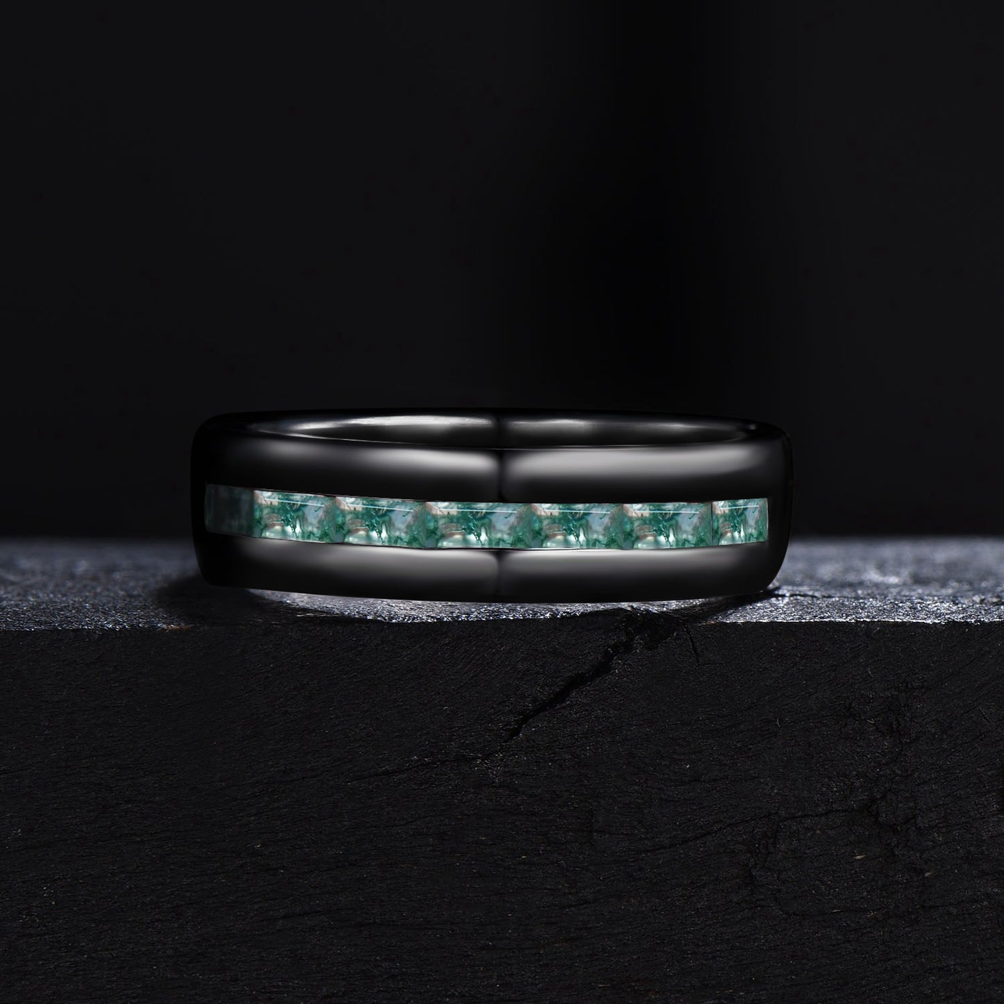 6mm Vintage Baguette Cut Moss Agate Wedding Band Mens Natural Aquatic Agate Wedding Ring 6mm Half Eternity Matching Anniversary Gift