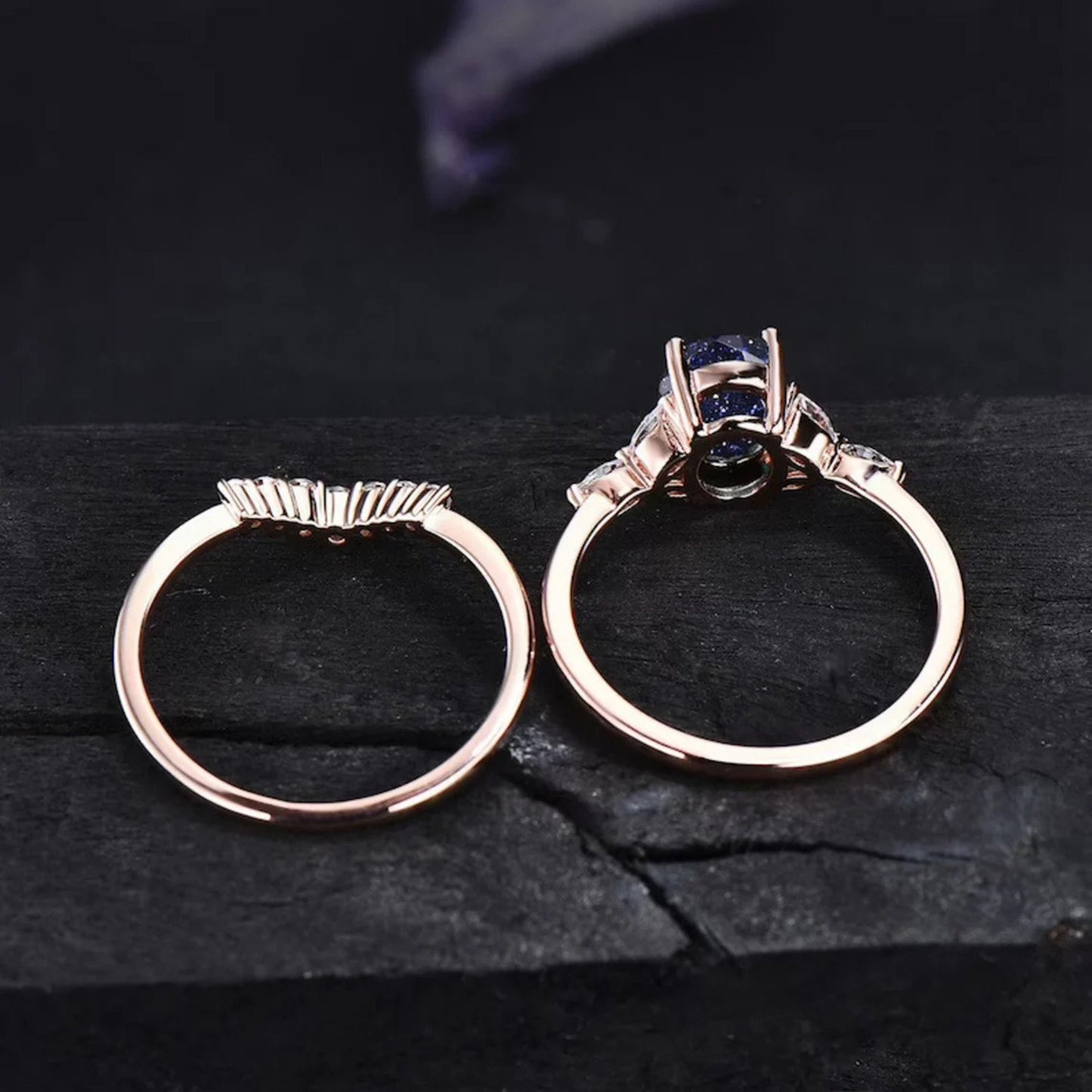 Blue Sandstone Ring Set For Women Sterling Silver Galaxy Starry Sky Ring CZ Diamond Wedding Band Proposal Gift Outer Space Ring Nebula Ring