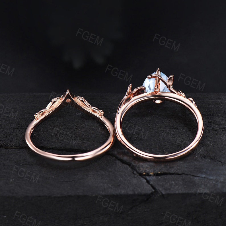 Natural Aquamarine Bridal Set Nature Inspired Engagement Rings Solid 14K Rose Gold Ring Unique Leaf Wedding Ring Set March Birthstone Gift