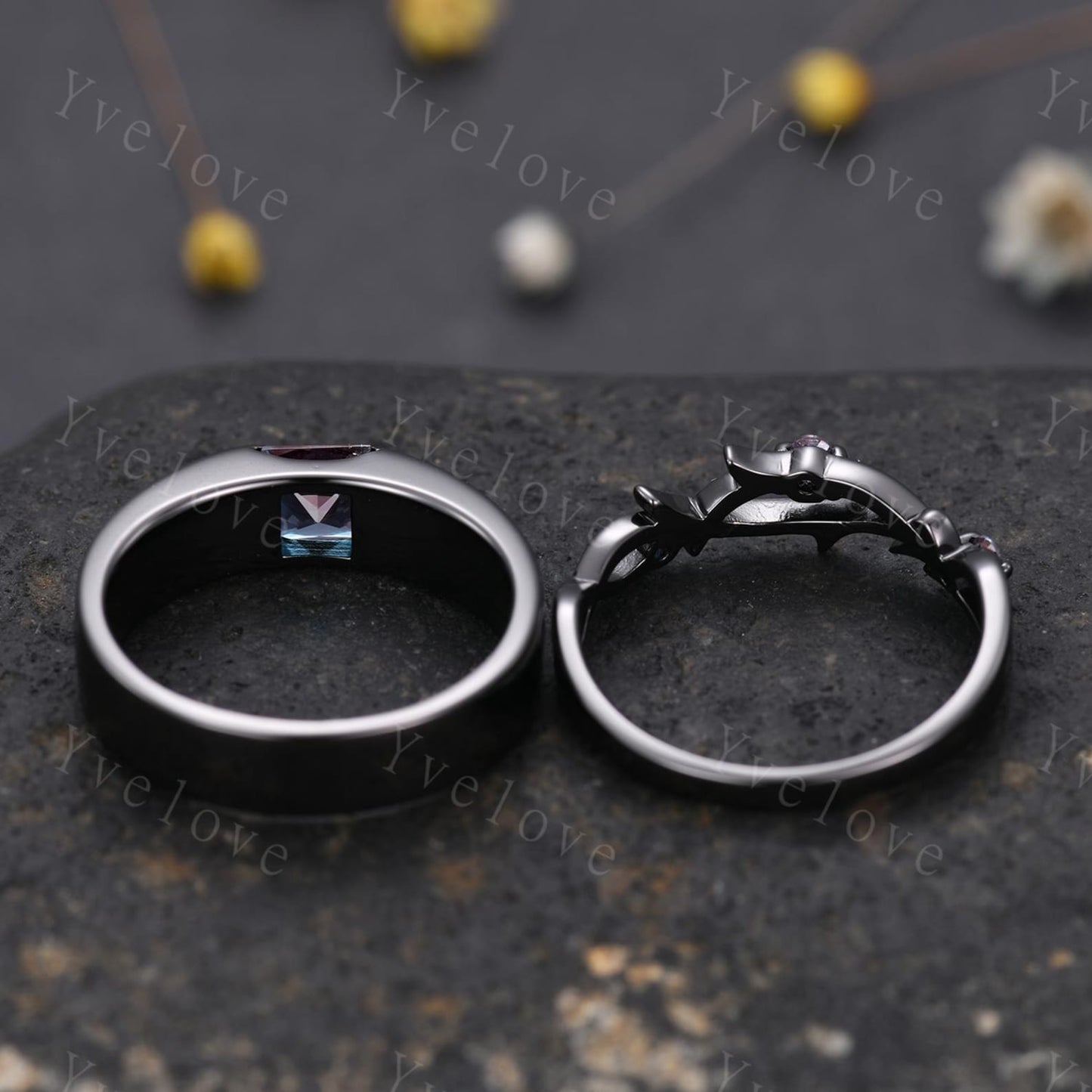 Alexandrite Couples Rings Set- Twig Vine & Stone Design Black Gold Wedding Ring (925 Sterling Silver)