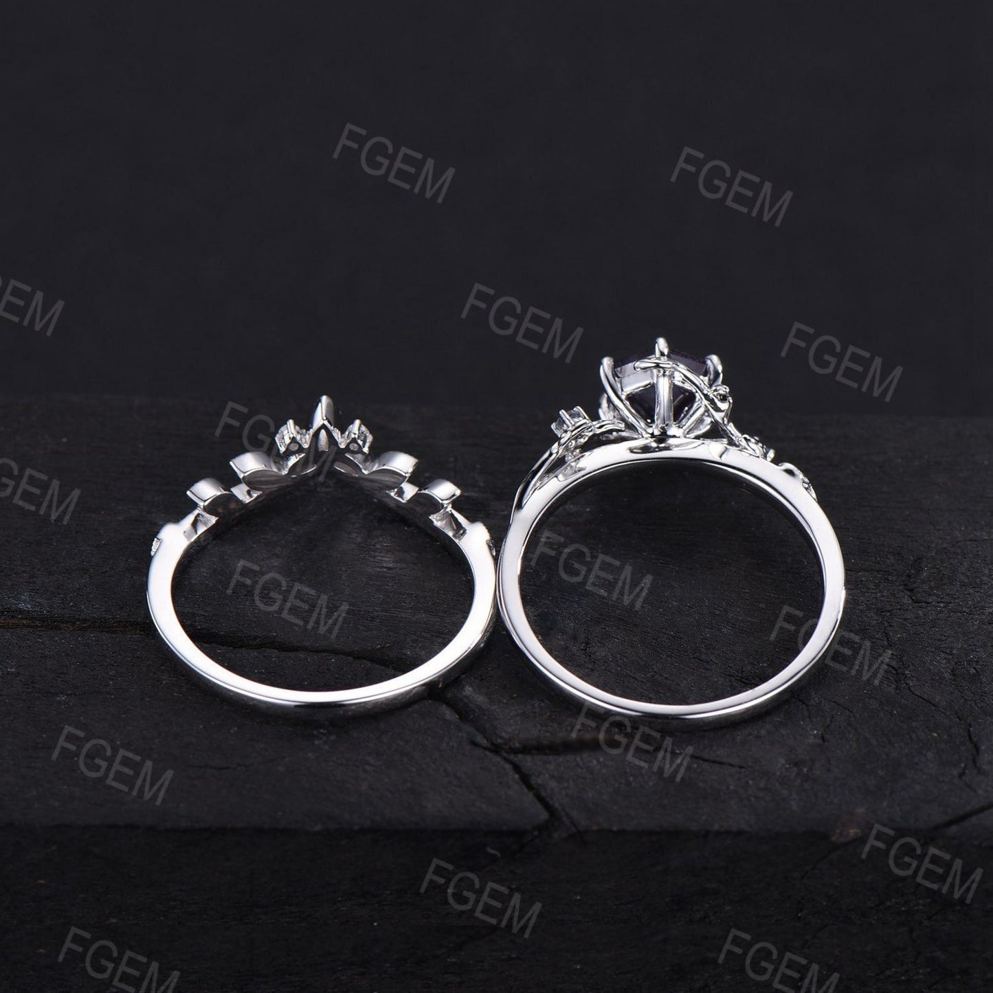 1ct Hexagon Natural Moss Agate Bridal Set 10K White Gold Nature Inspired Twig Leaf Green Agate Wedding Ring Celtic Trinity Knot Wedding Ring