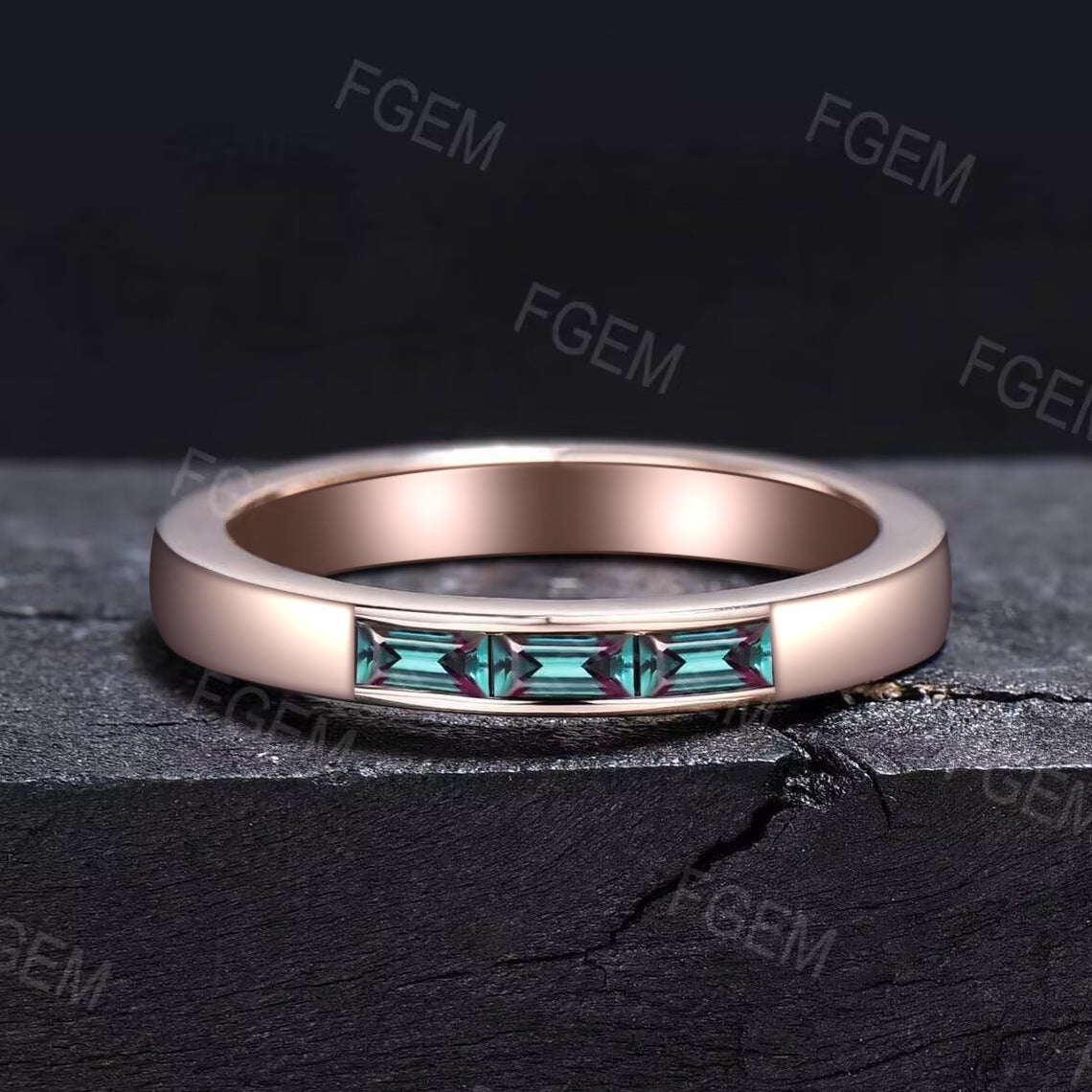 4mm/5mm/6mm Mens Baguette Alexandrite Wedding Band Rose/Black Gold Color-Change Alexandrite Brushed Band Matching Band Retro Vintage Rings