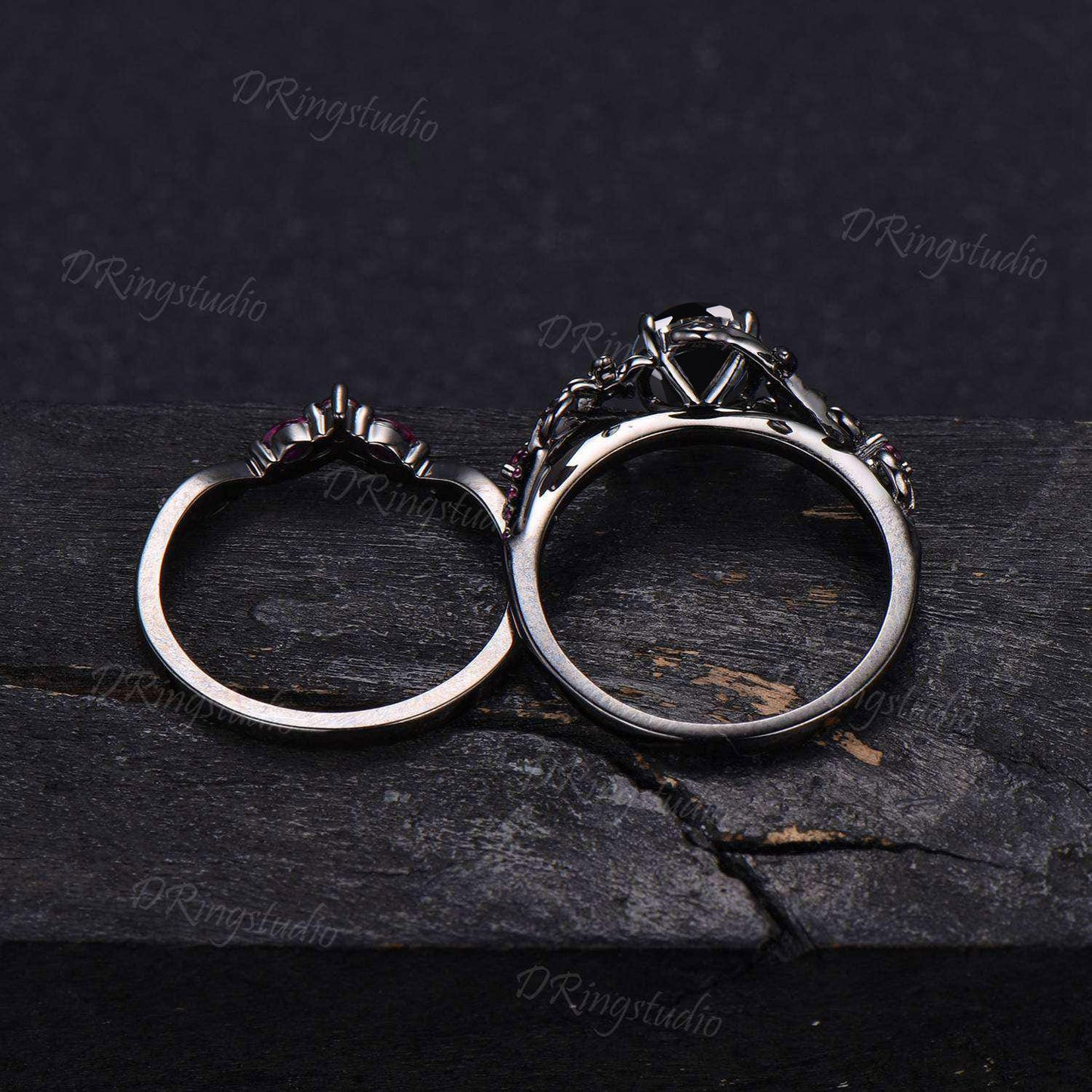 Gothic 1CT Round Cut Natural Black Onyx Ruby Engagement Ring Set 2pcs Black Gold Bridal Set Leaf Vine Black Onyx Wedding Ring Promise Gift