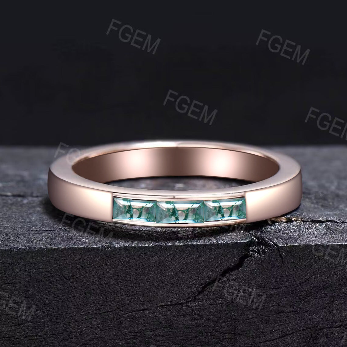 4mm Mens Baguette Moss Agate Wedding Band 14k Rose/Black Gold Natural Moss Agate Mens Brushed Band Matching Band Retro Vintage Rings