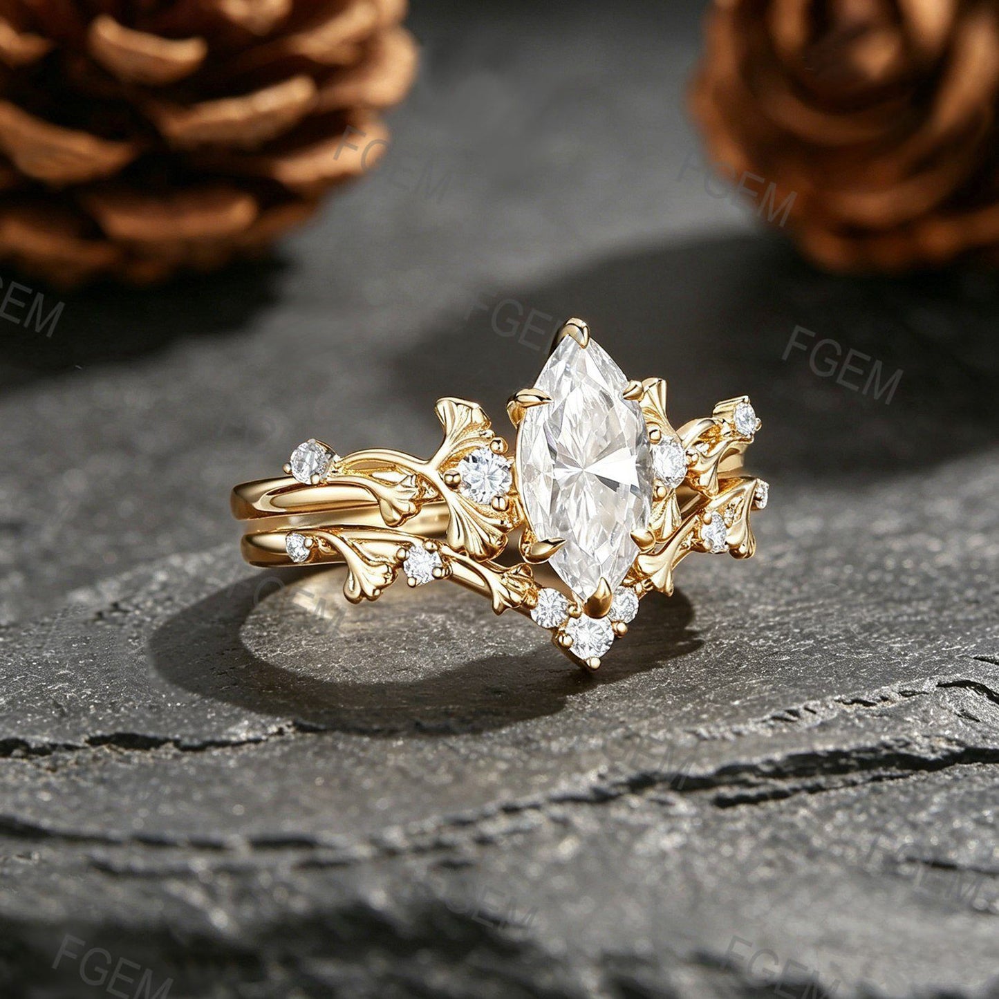 1CT Marquise Cut Moissanite Ginkgo Leaf Promise Ring Set Nature-Inspired Moissanite Engagement Ring For Women