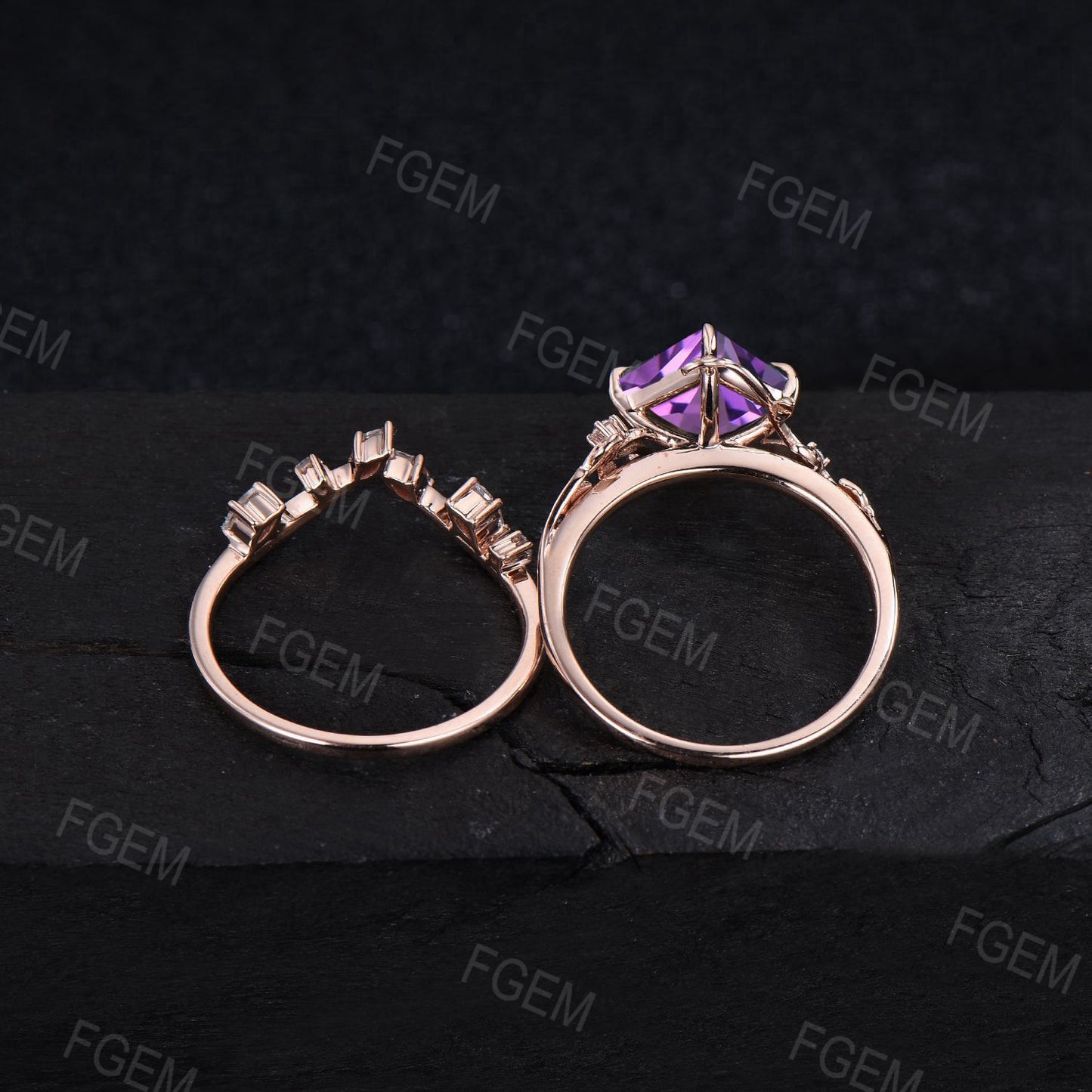 Unique Princess Cut Natural Amethyst Engagement Ring Rose Gold Leaf Branch February Birthstone Ring Leaf Nature Inspired Ring Proposal Gift