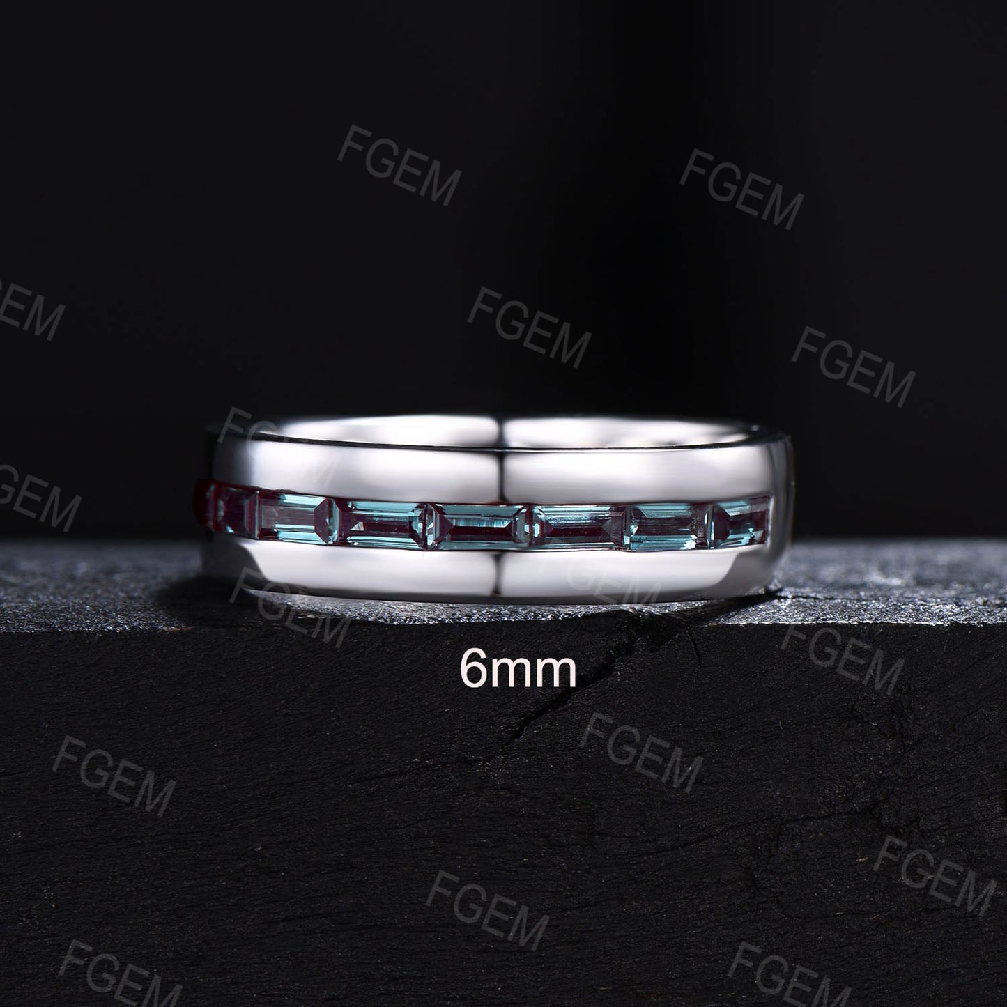 4mm/5mm/6mm Mens Baguette Alexandrite Wedding Ring 14K Rose Gold Color-Change Alexandrite Brushed Band Pave Set Half Eternity Band Men