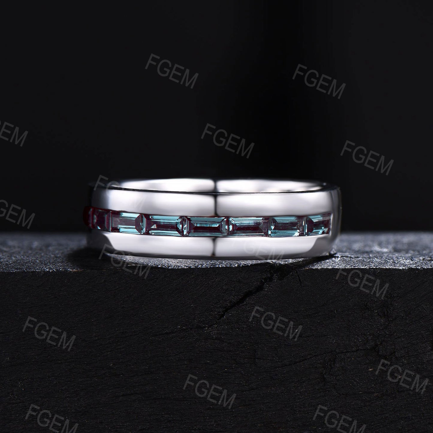 Mens Wedding Band 6mm Baguette Cut Alexandrite Ring White Gold Tension Set Ring Channel Set Half Eternity Matching Band Promise Ring For Him