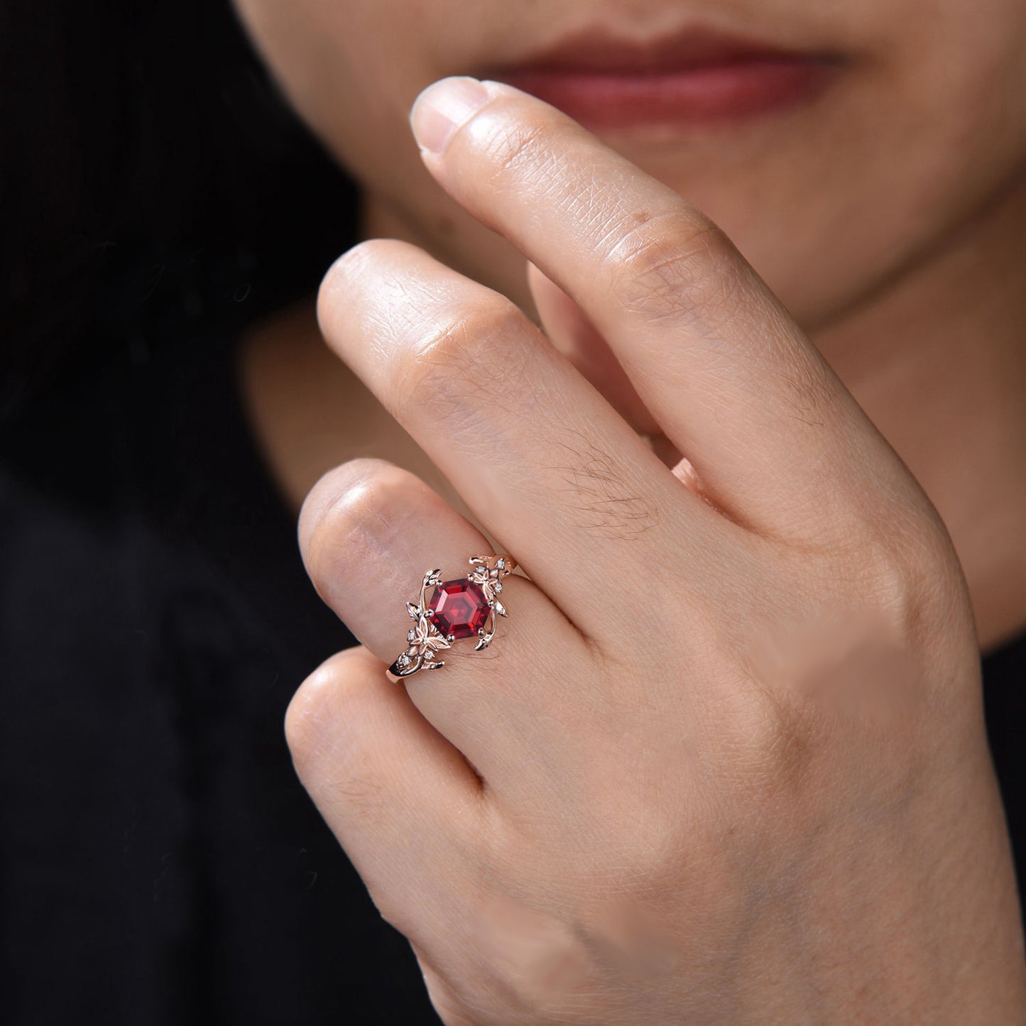 Hexagon Cut Ruby Engagement Ring Rose Gold Celtic Wedding Ring Branch Leaf Ruby Ring Red Gemstone Ring July Birthstone Proposal Women Gifts
