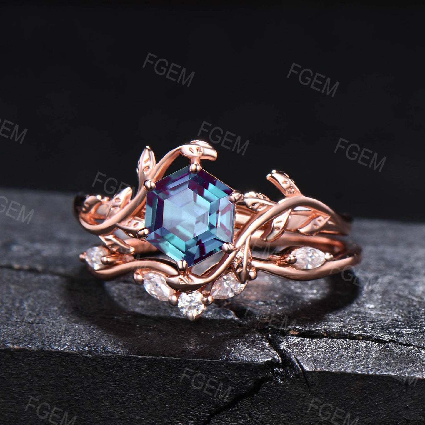 Nature Inspired Alexandrite Ring Set 1ct Hexagon Cut Color-Change Alexandrite Engagement Ring Leaf Branch Moissanite Bridal Set Wedding Gift