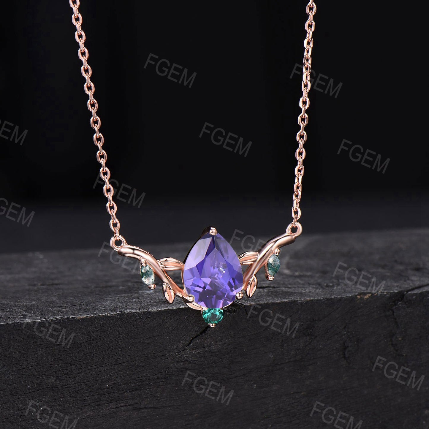 14k Rose Gold Leaf Wedding Necklace Vintage Teardrop Purple Sapphire Necklace Nature Inspired Olive Leaf Branch Necklace Anniversary Jewelry
