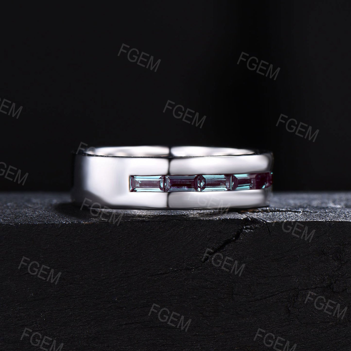 Mens Wedding Band 6mm Baguette Cut Alexandrite Ring White Gold Tension Set Ring Channel Set Half Eternity Matching Band Promise Ring For Him