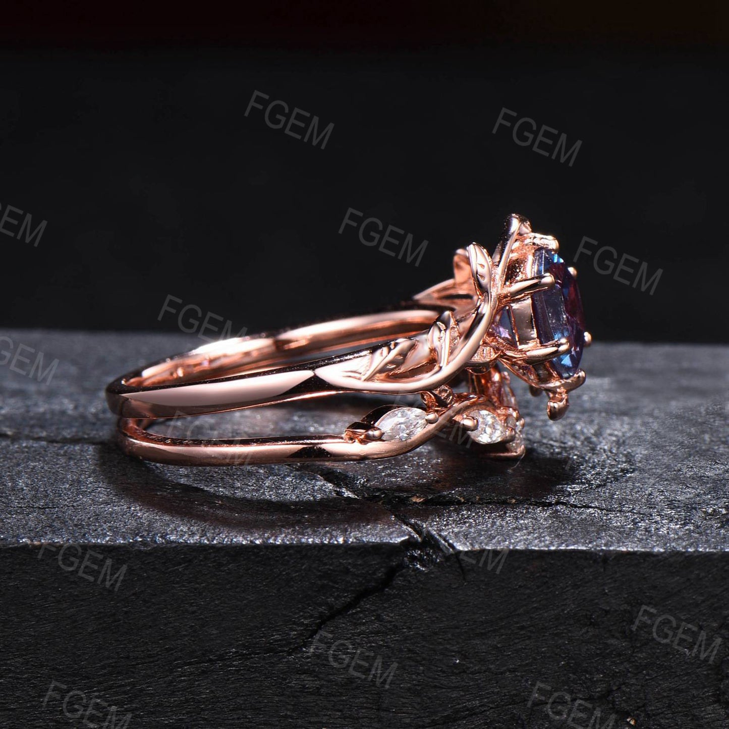 Nature Inspired Alexandrite Ring Set 1ct Hexagon Cut Color-Change Alexandrite Engagement Ring Leaf Branch Moissanite Bridal Set Wedding Gift