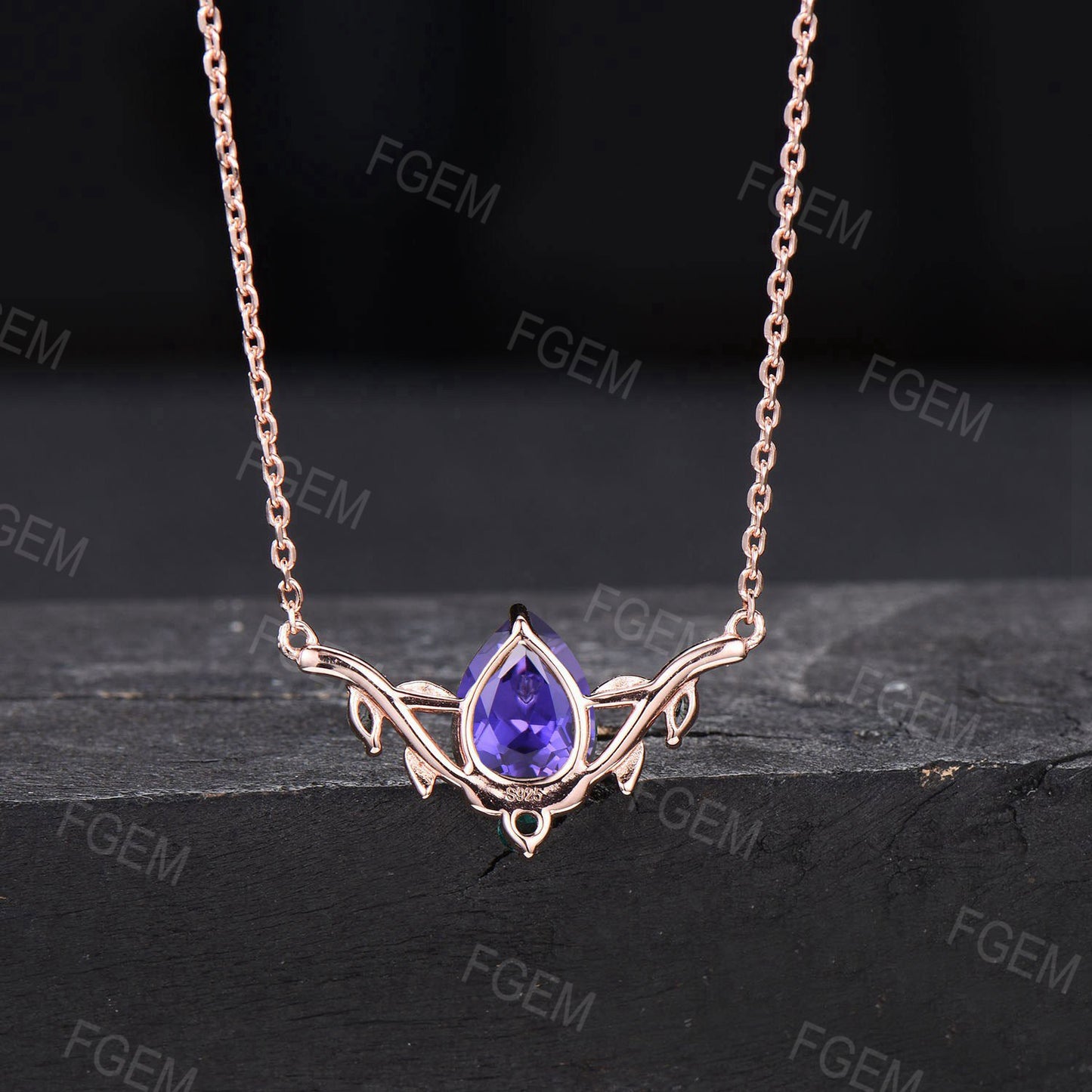 14k Rose Gold Leaf Wedding Necklace Vintage Teardrop Purple Sapphire Necklace Nature Inspired Olive Leaf Branch Necklace Anniversary Jewelry