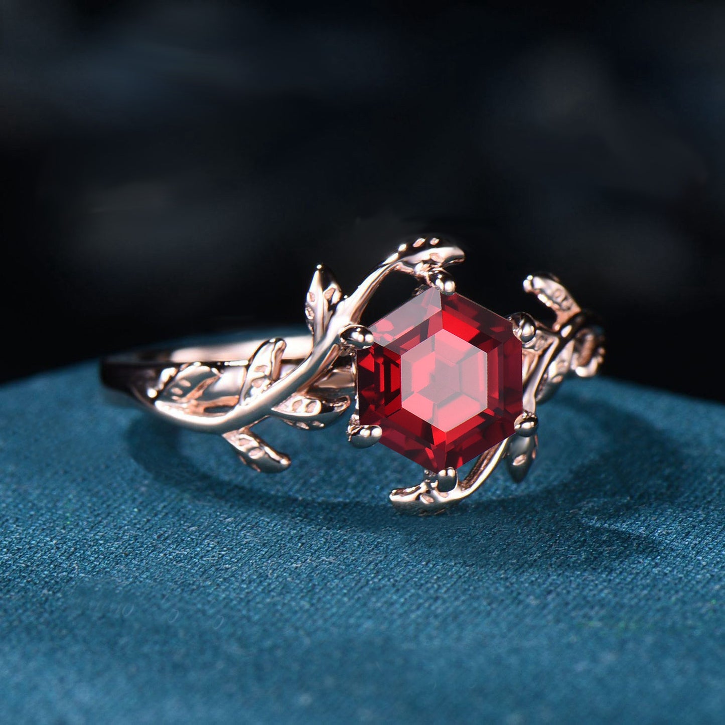 Hexagon Cut Ruby Engagement Ring Rose Gold Celtic Wedding Ring Branch Leaf Ruby Ring Red Gemstone Ring July Birthstone Proposal Women Gifts