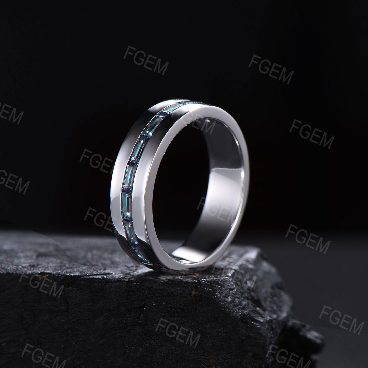 Mens Wedding Band 6mm Baguette Cut Alexandrite Ring White Gold Tension Set Ring Channel Set Half Eternity Matching Band Promise Ring For Him