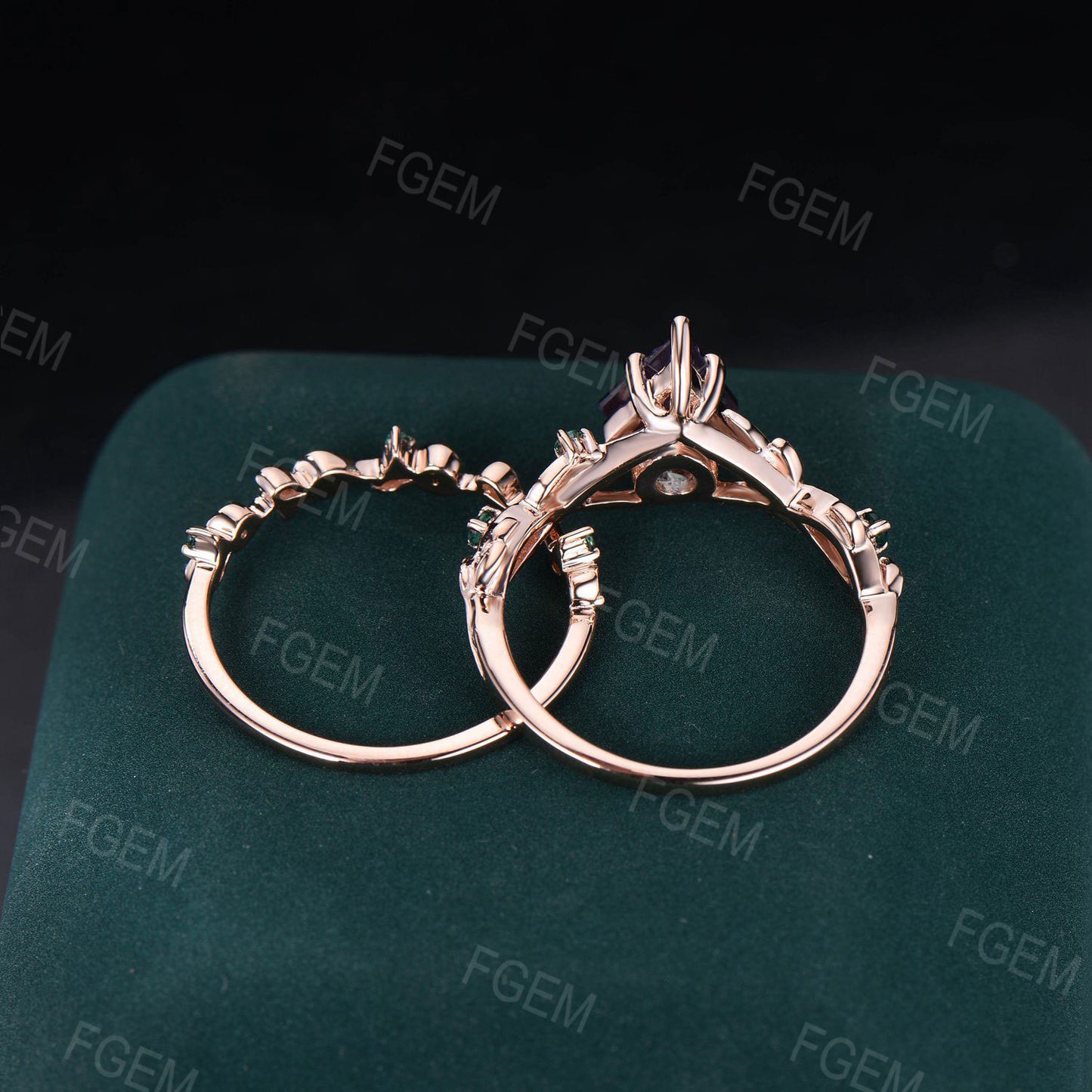 Kite Cut Engagement Ring Color-Change Alexandrite Wedding Ring Set Nature Inspired Alexandrite Leaf Branch Ring Emerald Amethyst Vine Band