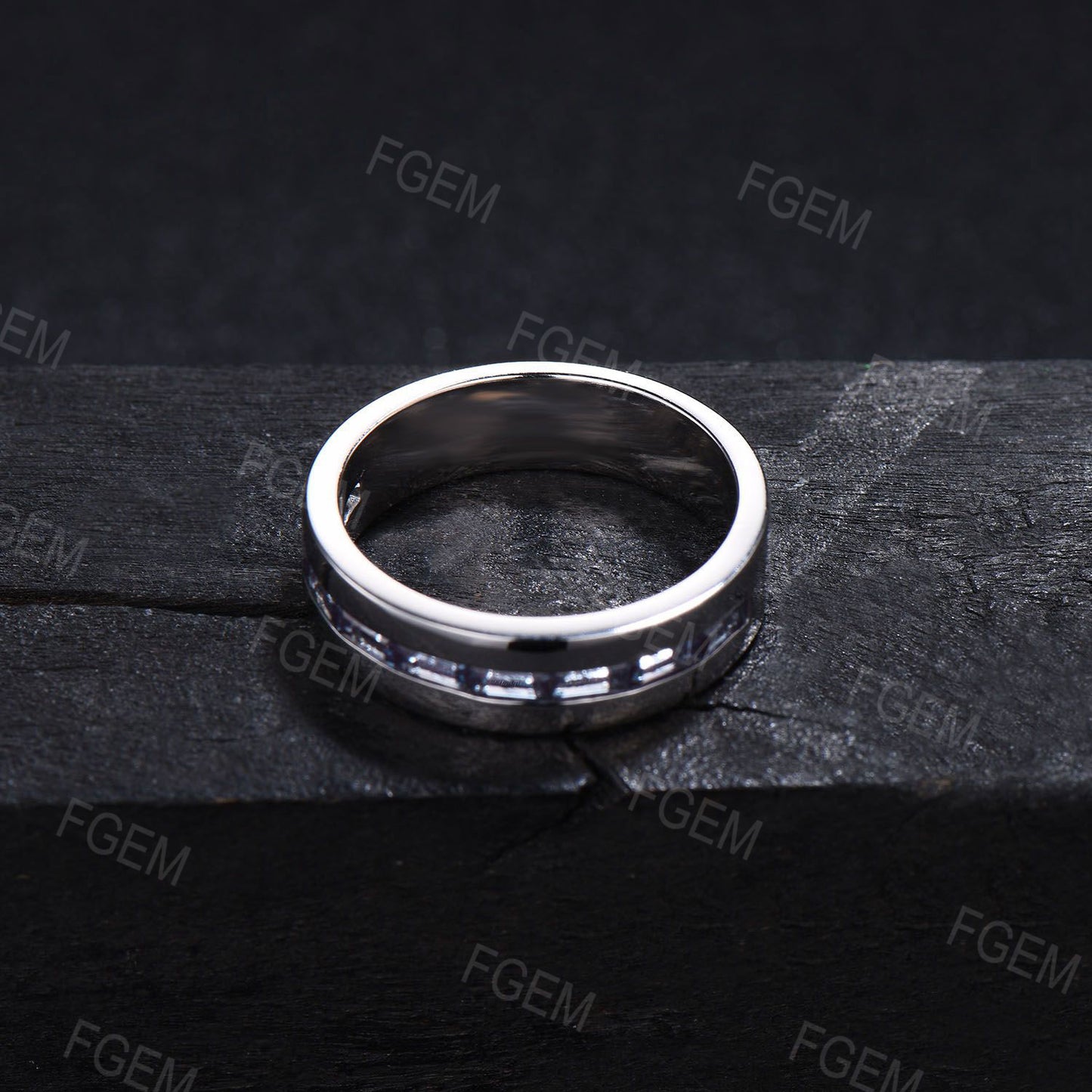 Mens Wedding Band 6mm Baguette Cut Alexandrite Ring White Gold Tension Set Ring Channel Set Half Eternity Matching Band Promise Ring For Him