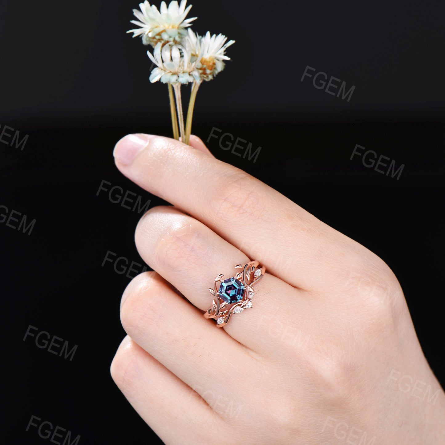 Nature Inspired Alexandrite Ring Set 1ct Hexagon Cut Color-Change Alexandrite Engagement Ring Leaf Branch Moissanite Bridal Set Wedding Gift