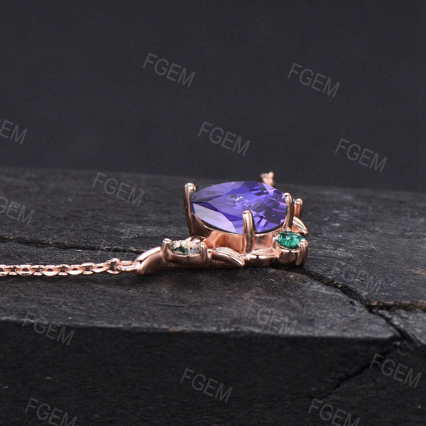 14k Rose Gold Leaf Wedding Necklace Vintage Teardrop Purple Sapphire Necklace Nature Inspired Olive Leaf Branch Necklace Anniversary Jewelry