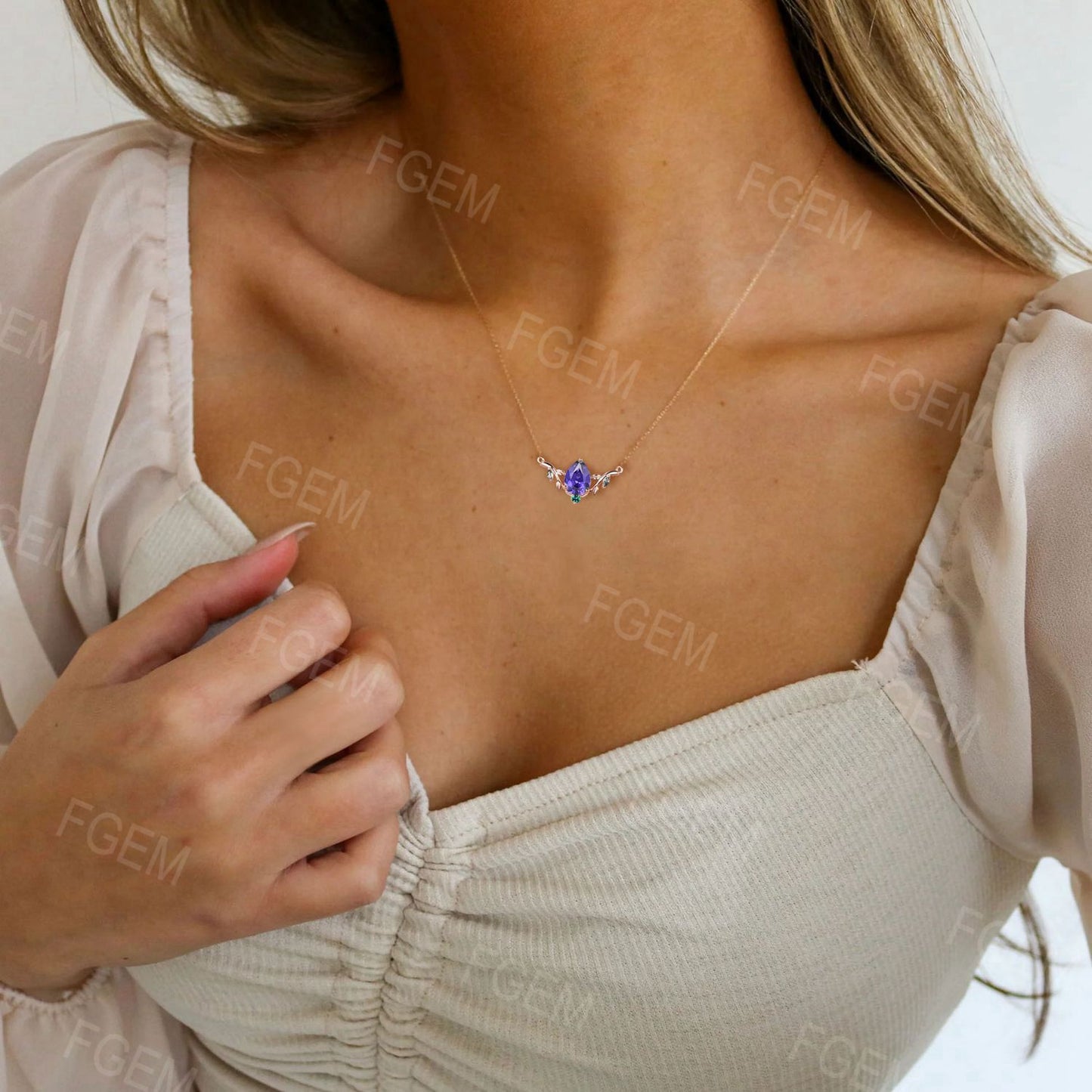 14k Rose Gold Leaf Wedding Necklace Vintage Teardrop Purple Sapphire Necklace Nature Inspired Olive Leaf Branch Necklace Anniversary Jewelry