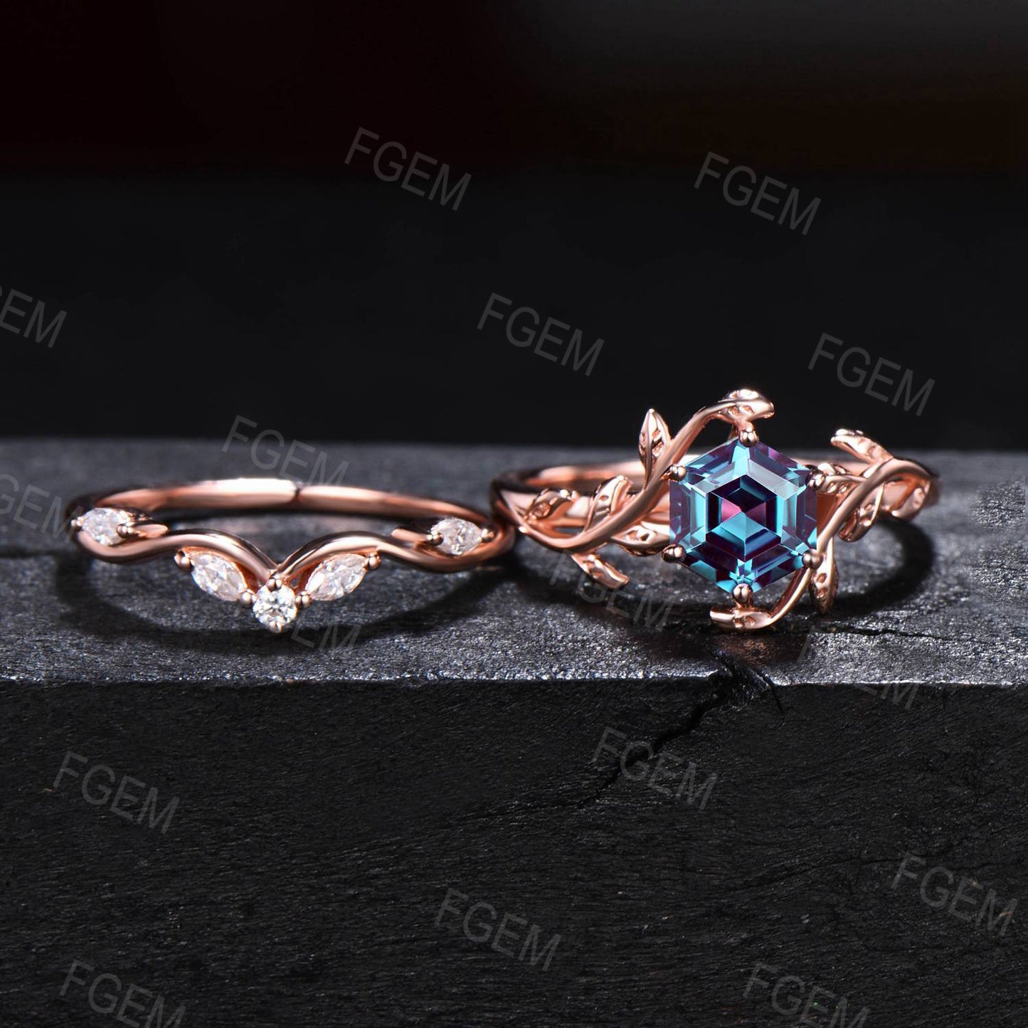 Nature Inspired Alexandrite Ring Set 1ct Hexagon Cut Color-Change Alexandrite Engagement Ring Leaf Branch Moissanite Bridal Set Wedding Gift