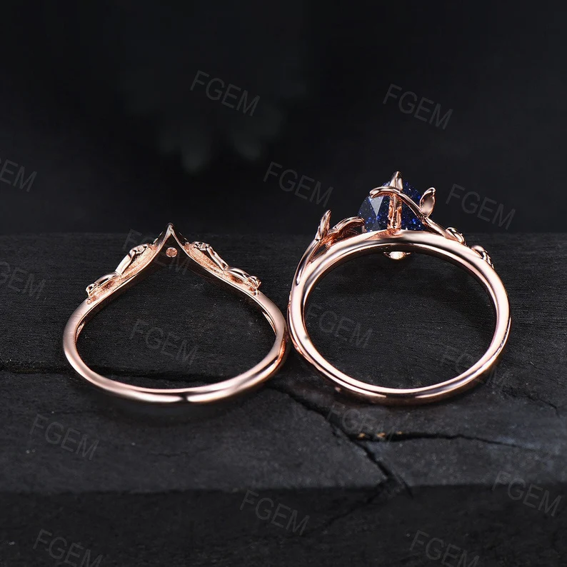 Pear Shaped Blue Sandstone Engagement Rings Set Ivy Twig Wedding Band Blue Gemstone Solitaire Ring Blue Goldstone Moissanite Promise Rings