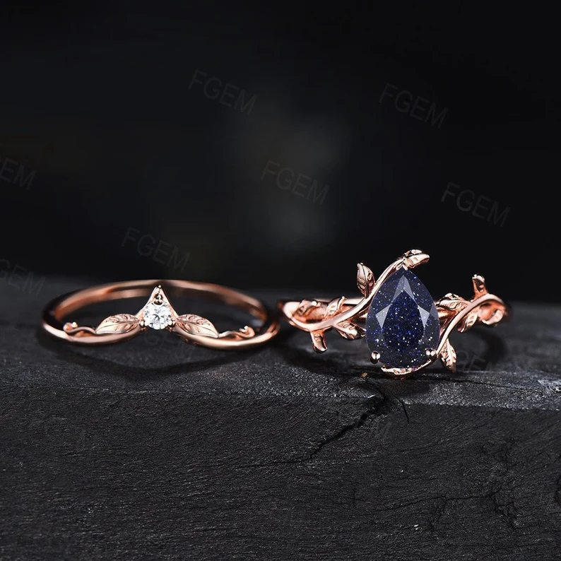 Pear Shaped Blue Sandstone Engagement Rings Set Ivy Twig Wedding Band Blue Gemstone Solitaire Ring Blue Goldstone Moissanite Promise Rings