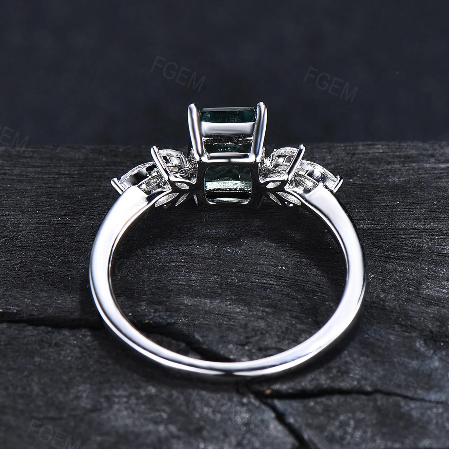 Emerald Cut Natural Moss Agate Ring Sterling Silver Cluster Promise Ring Green Crystal Ring Statement Ring for Women Proposal Birthday Gift