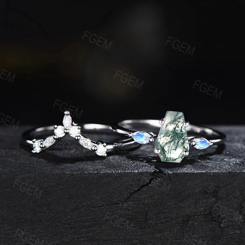 Unique Coffin Natural Moss Agate Ring Set Vintage Coffin Shape Engagement Ring Long Hexagon Moss Agate Ring Moonstone Moissanite Bridal Set