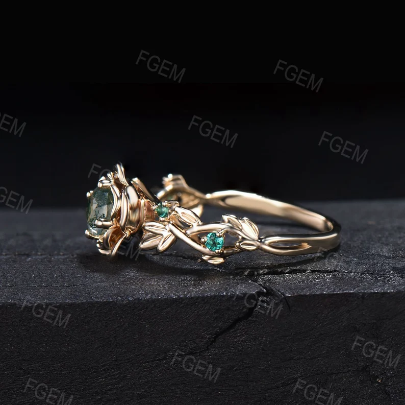 Natural Moss Agate Rose Flower Engagement Ring 10K Rose Gold Round Cut Moss Agate Leaf Floral Nature Ring Alternative Green Gemstone Jewelry
