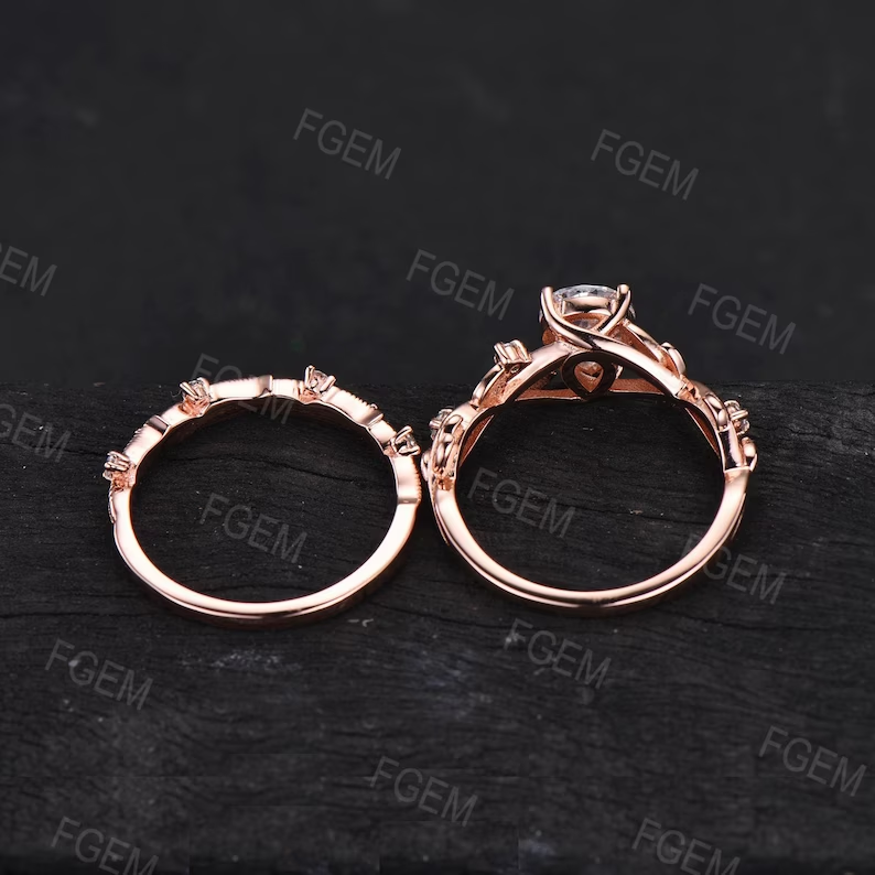 1ct Round Cut Natural Moss Agate Engagement Rings Set 14k Rose Gold Branch Design Solitaire Rings Unique Leaf Wedding Ring Anniversary Gift