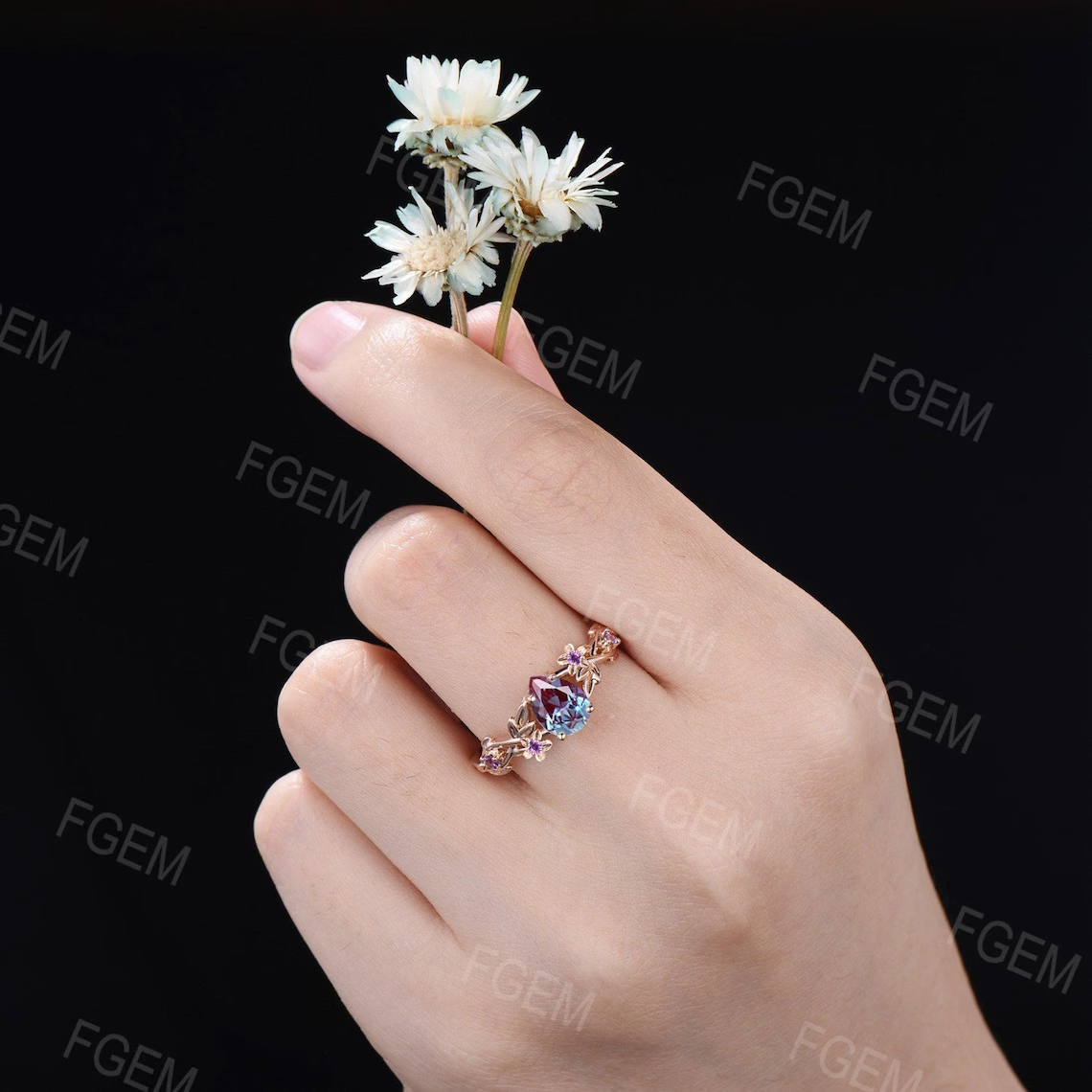 1.25ct Twig Vine Branch Nature Inspired Teardrop Alexandrite Engagement Ring Rose Flower Floral Amethyst Rings Unique June Birthstone Gifts