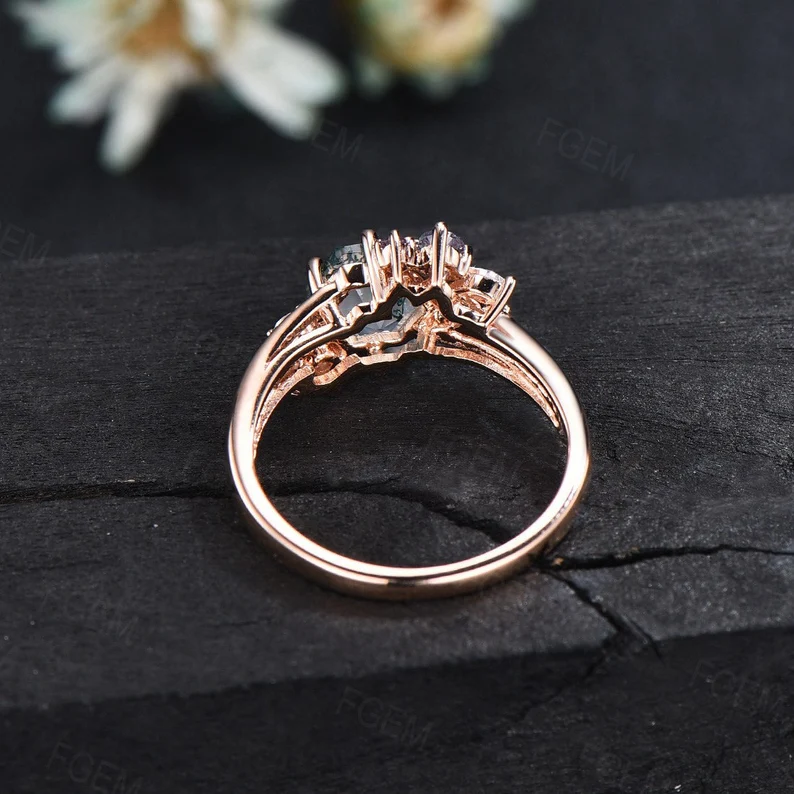 Hexagon Cluster Moss Agate Ring Gold Silver Unique Moss Agate Engagement Ring Cluster Alexandrite Moissanite Split Shank Promise Ring Women