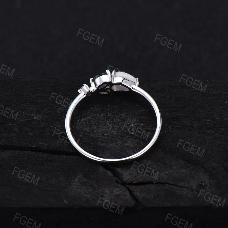 Unique Minimalist Pear Shaped Natural Moss Agate Promise Ring Rose Flower Moss Agate Moissanite Ring Green Moss Wedding Ring Birthday Gifts